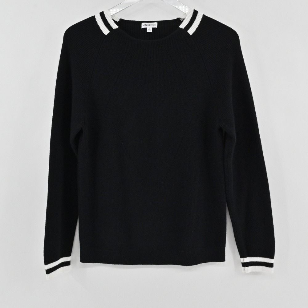 Minnie Rose Cotton Cashmere Sweater Womens Size L Black Varsity Stripe Jumper